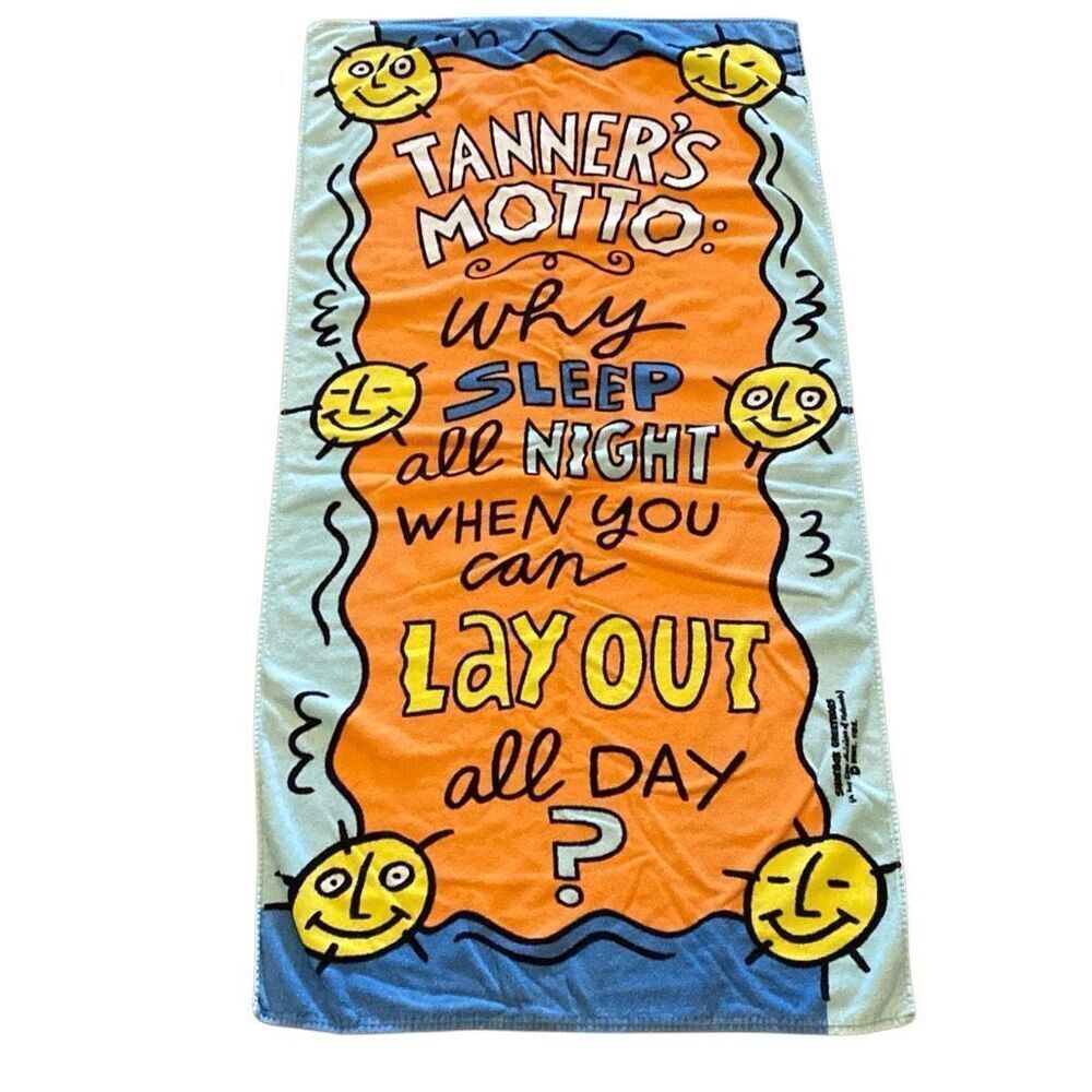 Vintage 80s Beach Towel Tanner’s Motto Hilasal Humor Bold Color Sunbathing RARE